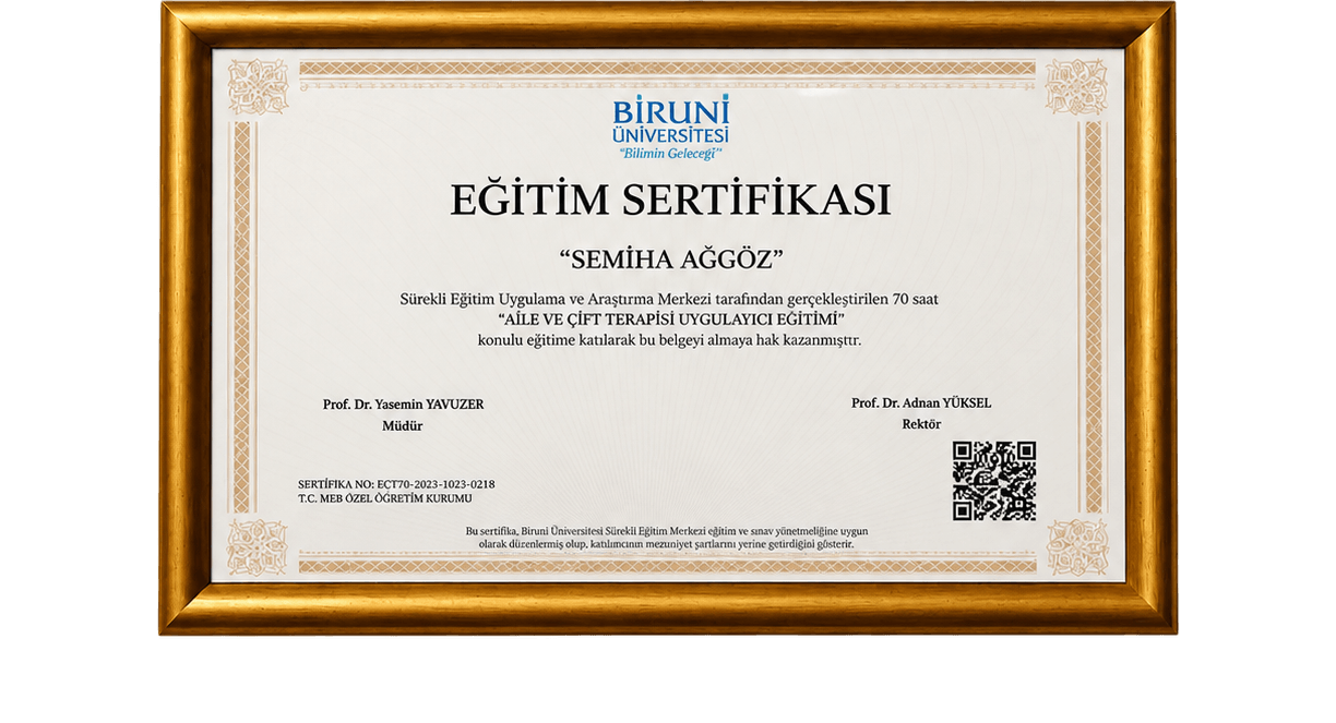 Aile ve Çift Terapisi Uygulayıcı Eğitimi belgesi
