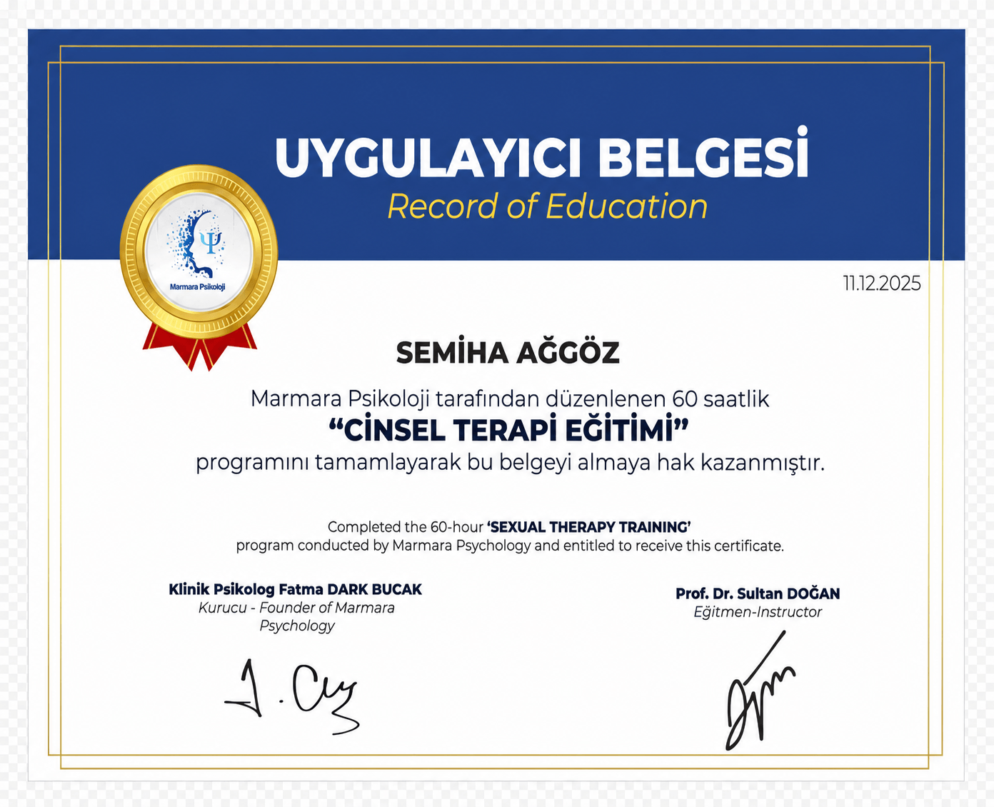 Cinsel Terapi Eğitimi belgesi