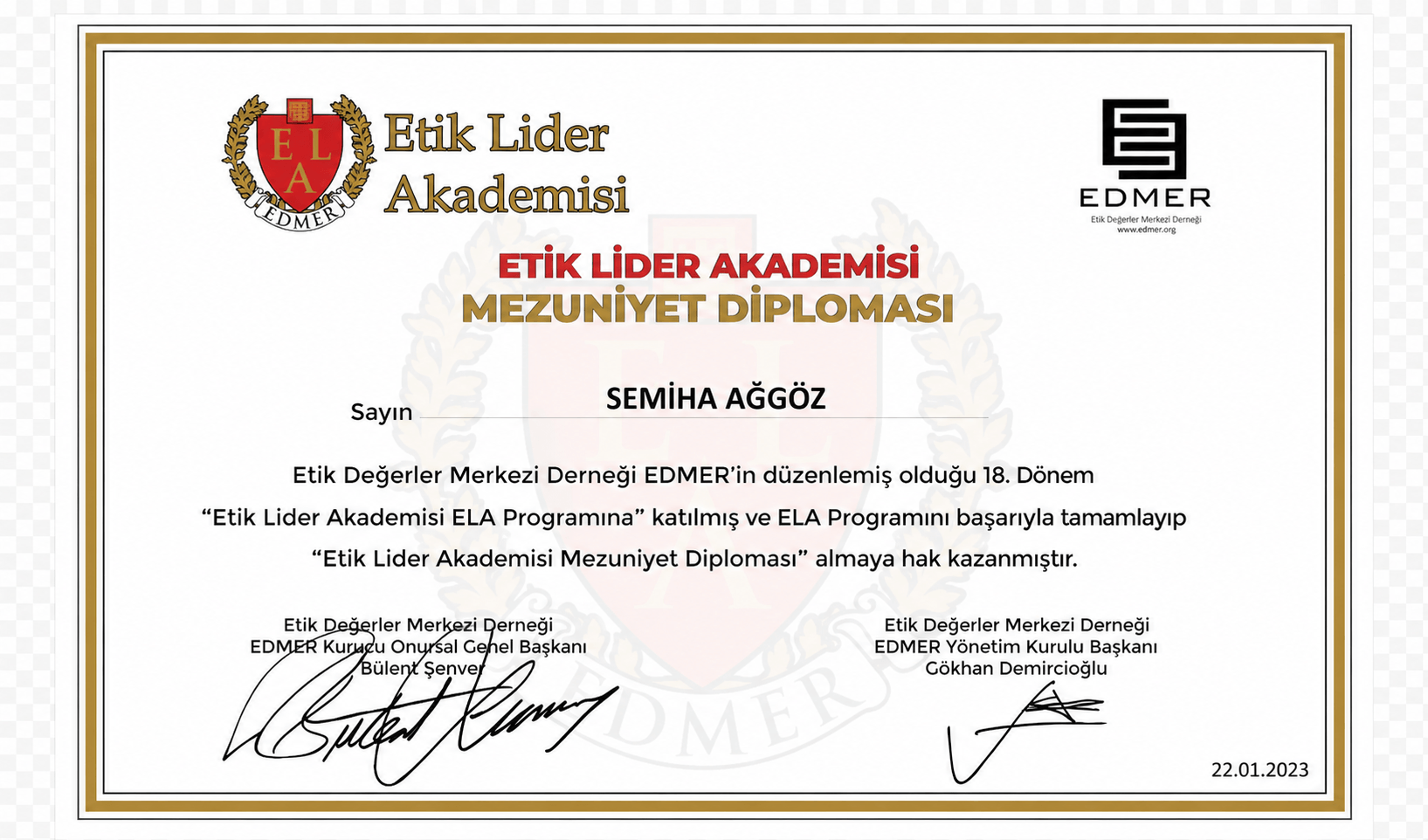 Etik Lider Akademisi belgesi