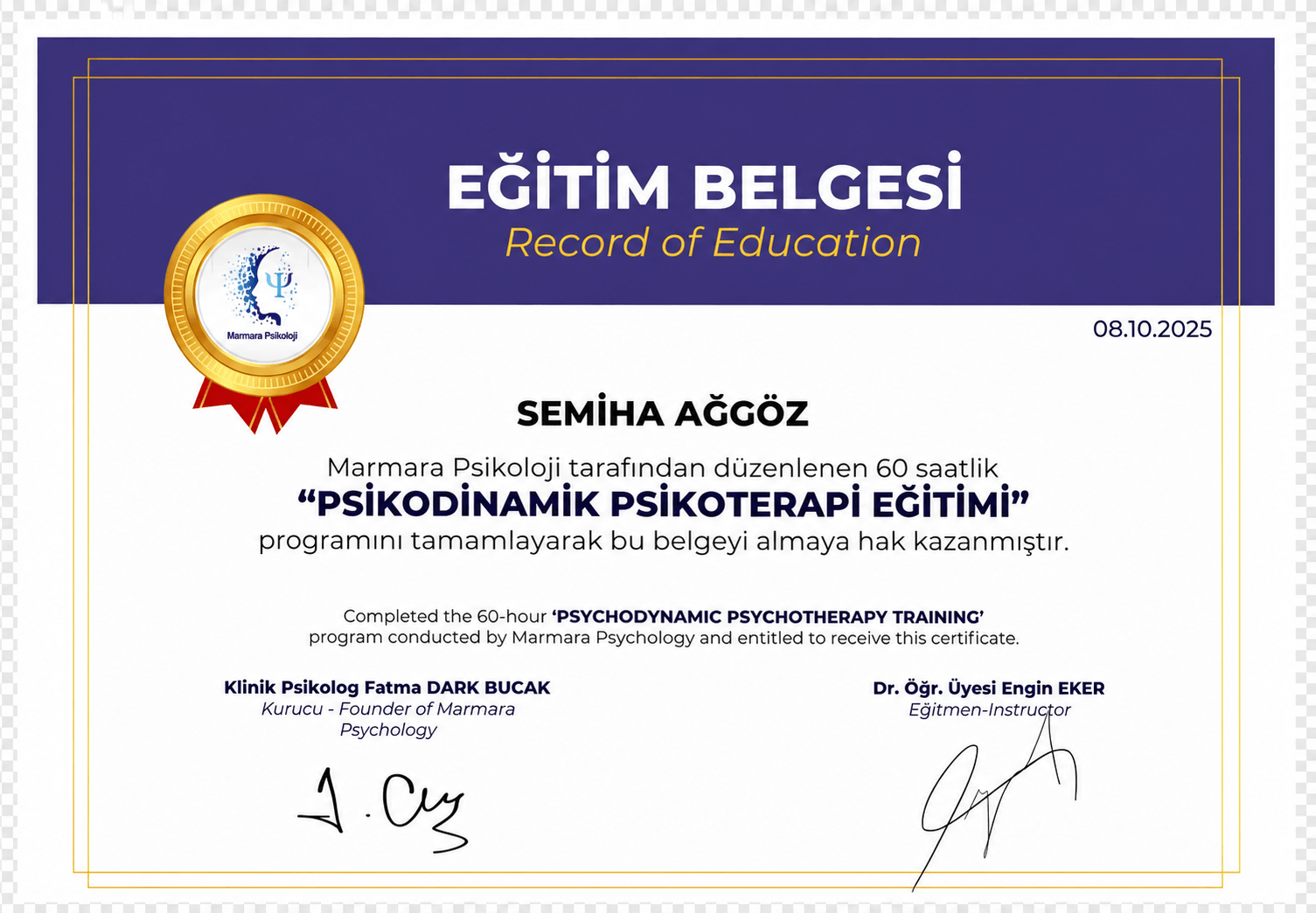 Psikodinamik Psikoterapi Eğitimi belgesi